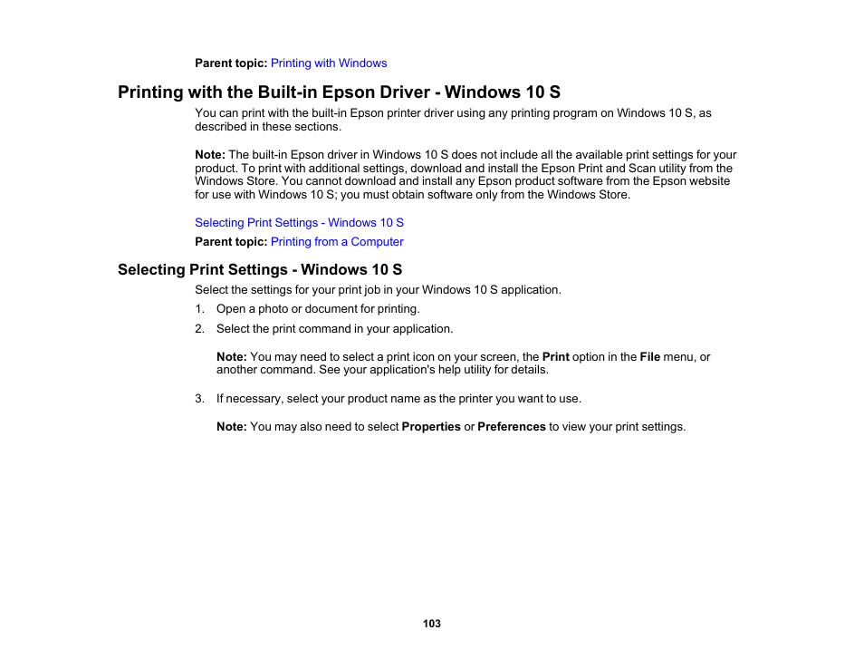 Selecting print settings - windows 10 s | Epson WorkForce WF-2930 Wireless All-in-One Color Inkjet Printer User Manual | Page 103 / 327