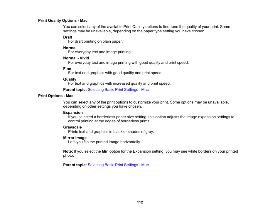 Print quality options - mac, Print options - mac, Print quality options - mac print options - mac | Epson WorkForce WF-2930 Wireless All-in-One Color Inkjet Printer User Manual | Page 112 / 327