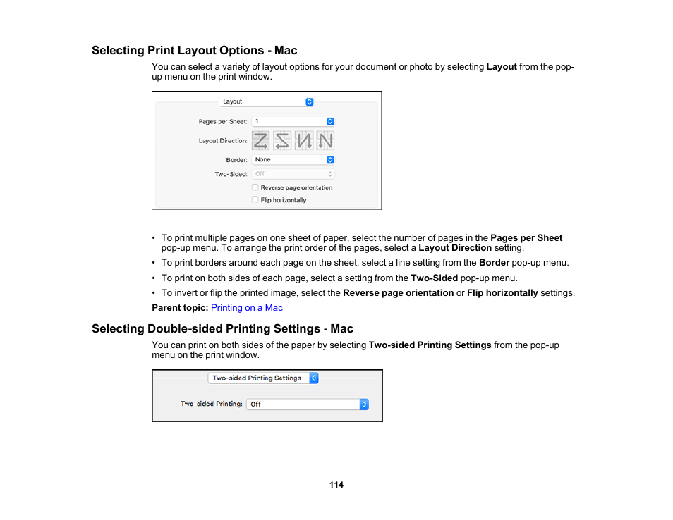 Selecting print layout options - mac, Selecting double-sided printing settings - mac | Epson WorkForce WF-2930 Wireless All-in-One Color Inkjet Printer User Manual | Page 114 / 327