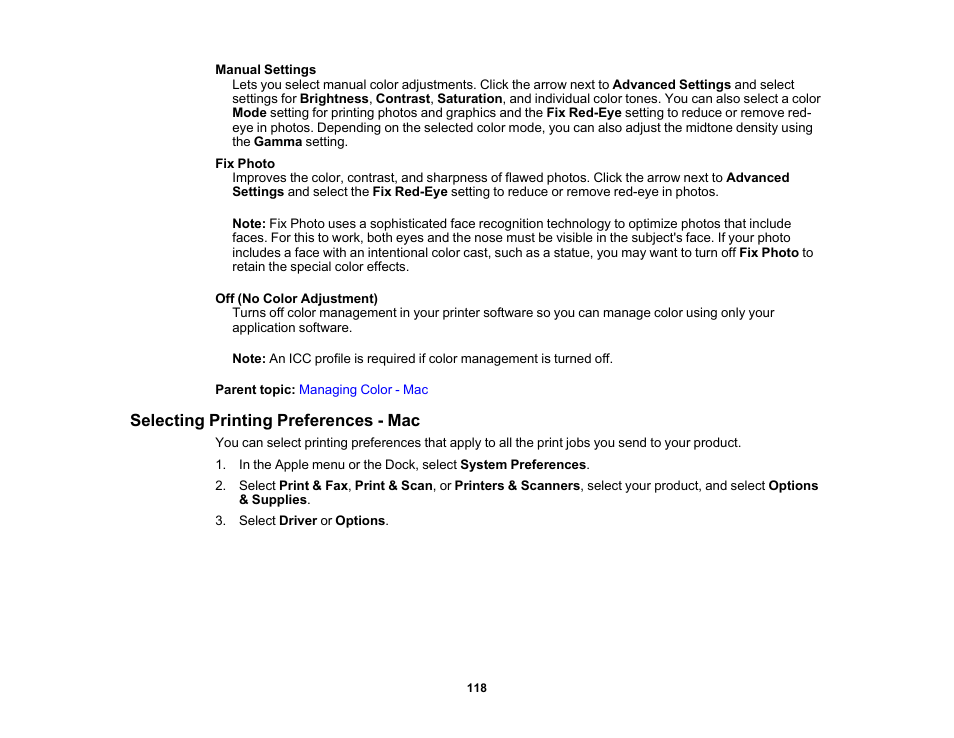 Selecting printing preferences - mac | Epson WorkForce WF-2930 Wireless All-in-One Color Inkjet Printer User Manual | Page 118 / 327