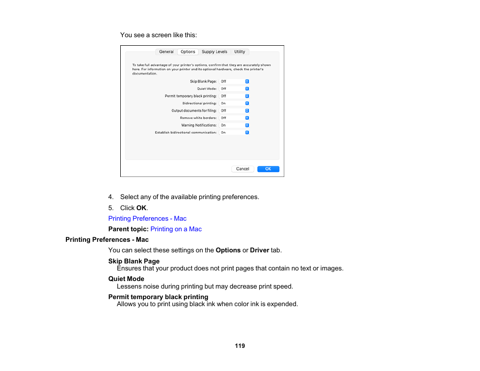 Printing preferences - mac | Epson WorkForce WF-2930 Wireless All-in-One Color Inkjet Printer User Manual | Page 119 / 327