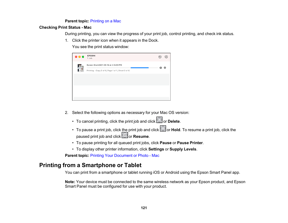 Checking print status - mac, Printing from a smartphone or tablet | Epson WorkForce WF-2930 Wireless All-in-One Color Inkjet Printer User Manual | Page 121 / 327