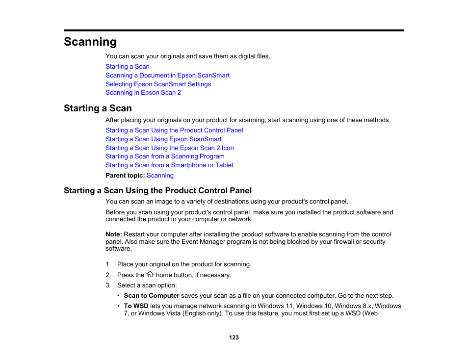 Scanning, Starting a scan, Starting a scan using the product control panel | Epson WorkForce WF-2930 Wireless All-in-One Color Inkjet Printer User Manual | Page 123 / 327
