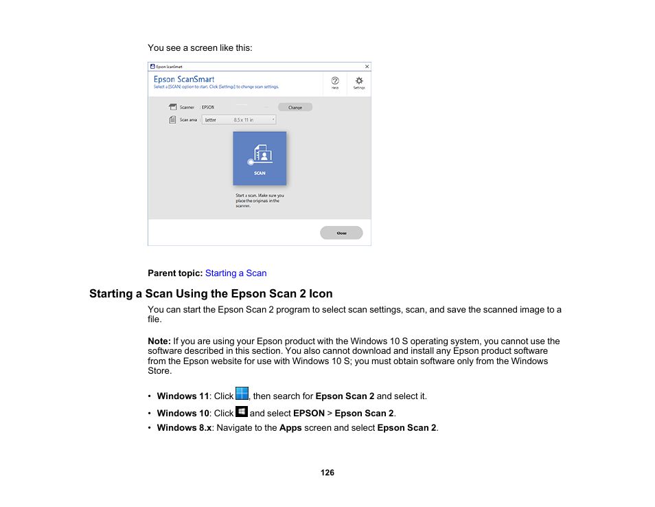 Starting a scan using the epson scan 2 icon | Epson WorkForce WF-2930 Wireless All-in-One Color Inkjet Printer User Manual | Page 126 / 327