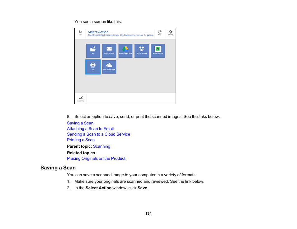 Saving a scan | Epson WorkForce WF-2930 Wireless All-in-One Color Inkjet Printer User Manual | Page 134 / 327