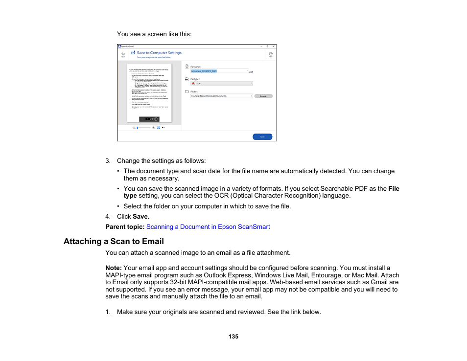 Attaching a scan to email | Epson WorkForce WF-2930 Wireless All-in-One Color Inkjet Printer User Manual | Page 135 / 327