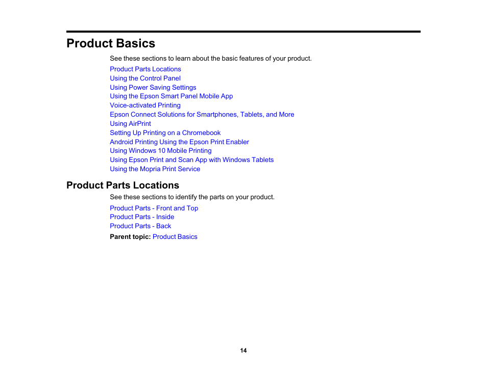 Product basics, Product parts locations | Epson WorkForce WF-2930 Wireless All-in-One Color Inkjet Printer User Manual | Page 14 / 327