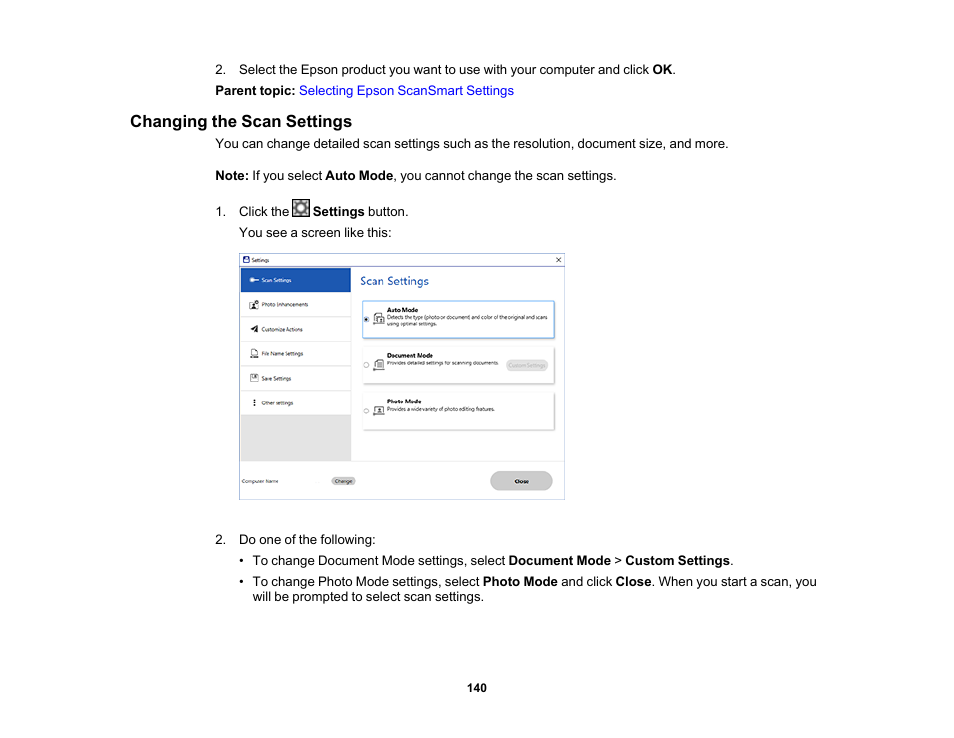 Changing the scan settings | Epson WorkForce WF-2930 Wireless All-in-One Color Inkjet Printer User Manual | Page 140 / 327