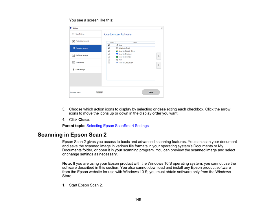 Scanning in epson scan 2 | Epson WorkForce WF-2930 Wireless All-in-One Color Inkjet Printer User Manual | Page 148 / 327