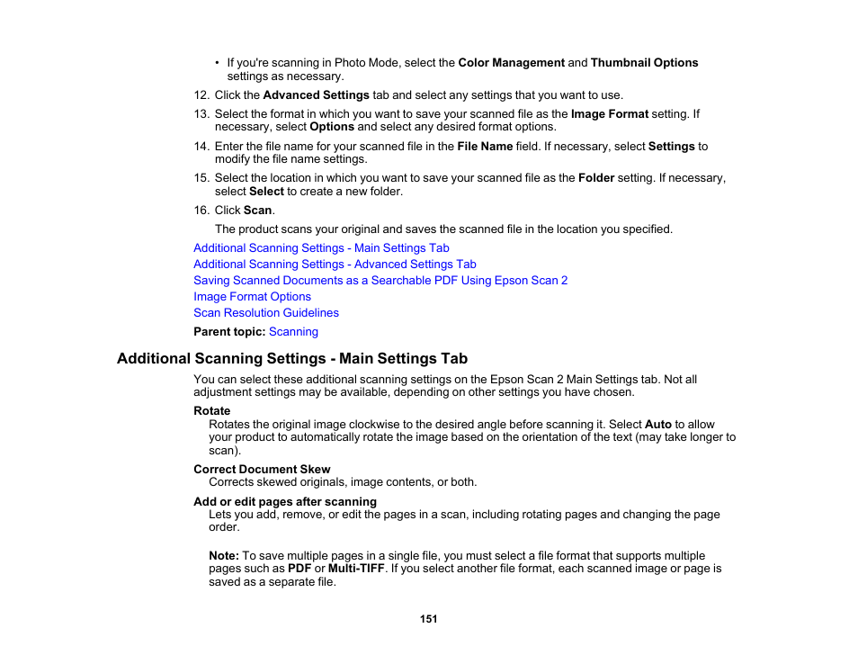 Additional scanning settings - main settings tab | Epson WorkForce WF-2930 Wireless All-in-One Color Inkjet Printer User Manual | Page 151 / 327