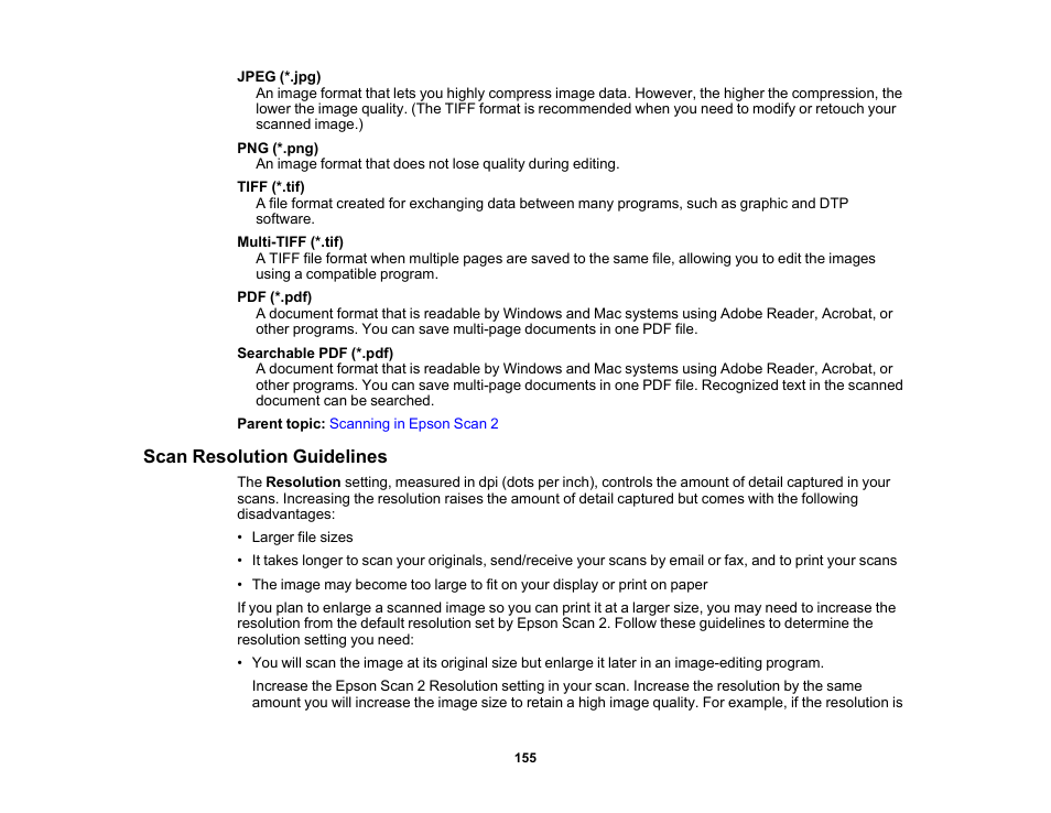 Scan resolution guidelines | Epson WorkForce WF-2930 Wireless All-in-One Color Inkjet Printer User Manual | Page 155 / 327