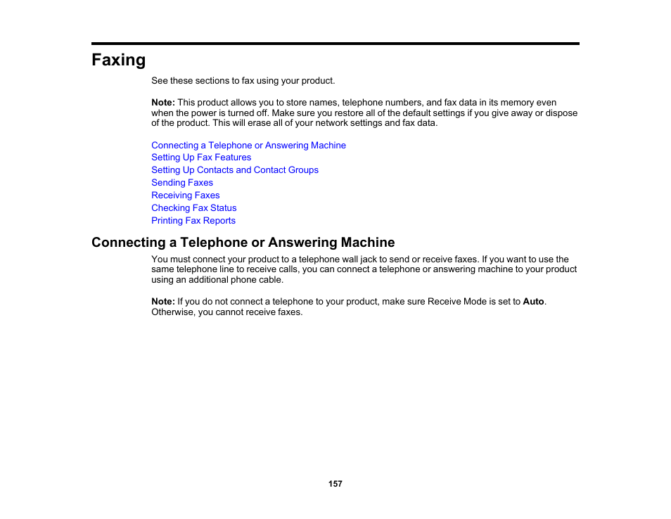 Faxing, Connecting a telephone or answering machine | Epson WorkForce WF-2930 Wireless All-in-One Color Inkjet Printer User Manual | Page 157 / 327