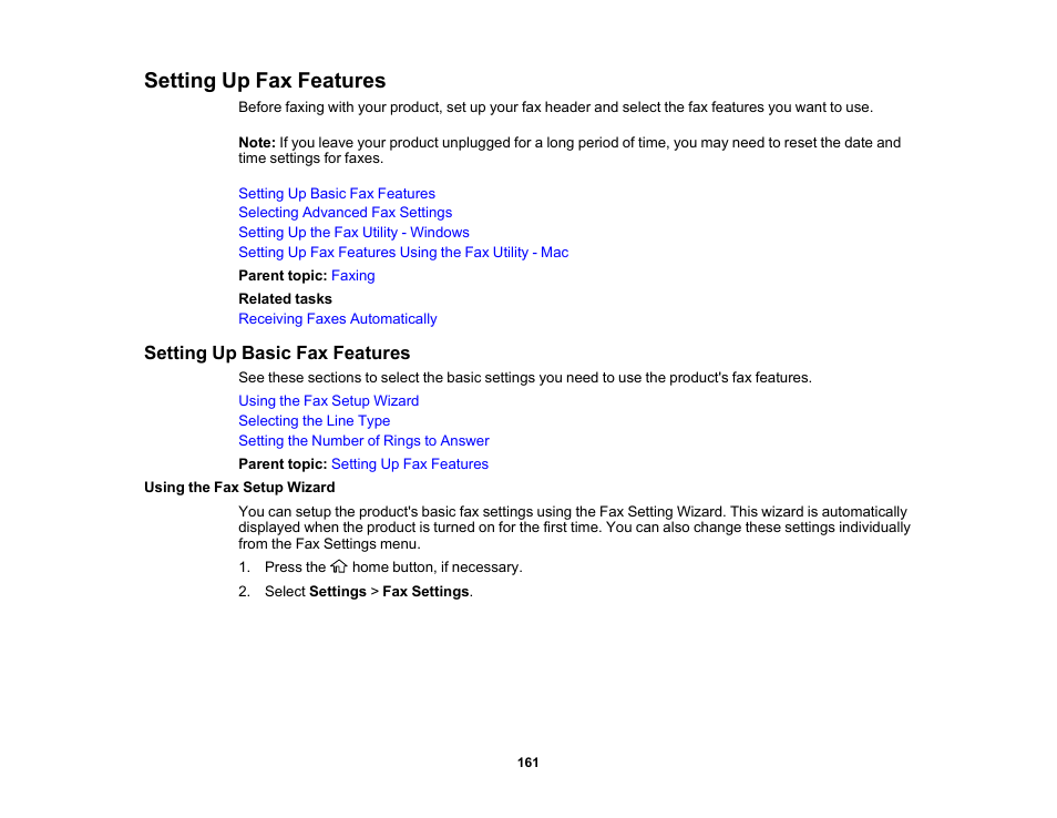 Setting up fax features, Setting up basic fax features, Using the fax setup wizard | Epson WorkForce WF-2930 Wireless All-in-One Color Inkjet Printer User Manual | Page 161 / 327
