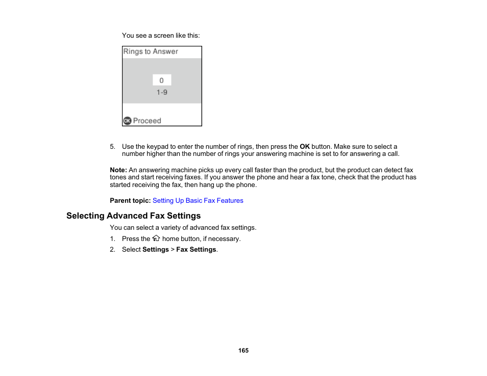 Selecting advanced fax settings | Epson WorkForce WF-2930 Wireless All-in-One Color Inkjet Printer User Manual | Page 165 / 327
