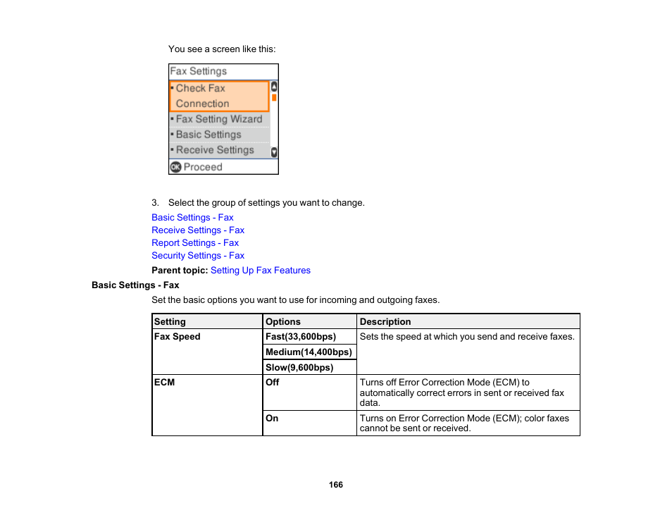 Basic settings - fax | Epson WorkForce WF-2930 Wireless All-in-One Color Inkjet Printer User Manual | Page 166 / 327