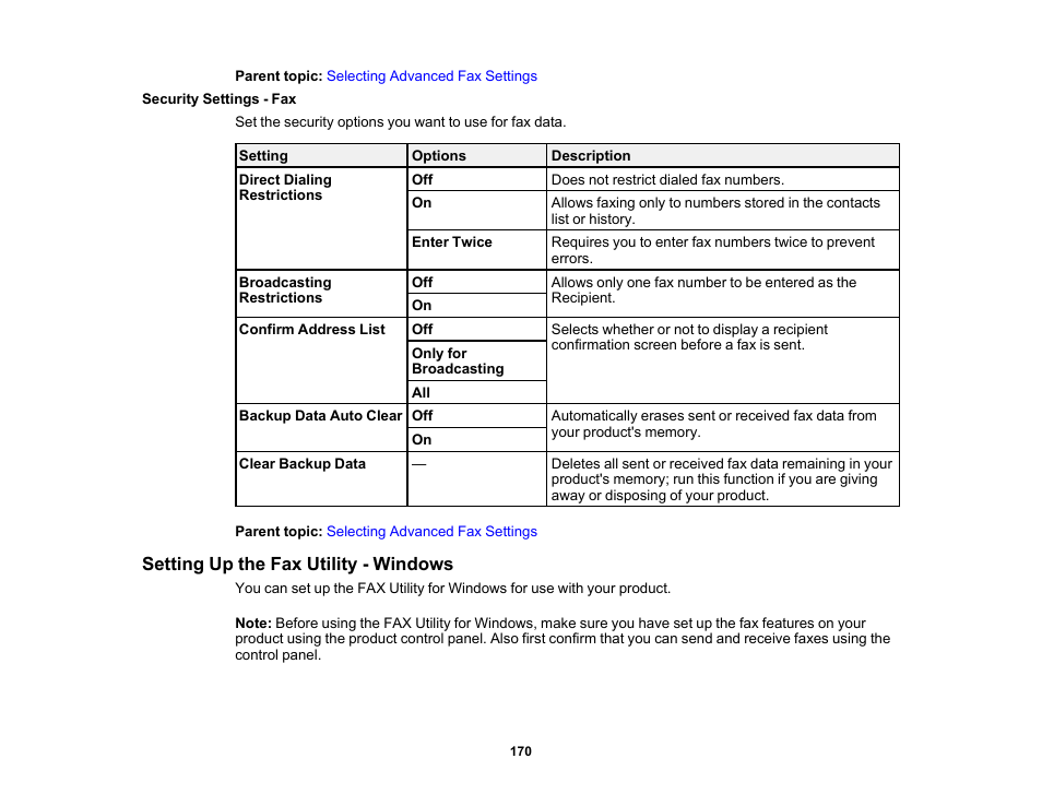 Security settings - fax, Setting up the fax utility - windows | Epson WorkForce WF-2930 Wireless All-in-One Color Inkjet Printer User Manual | Page 170 / 327