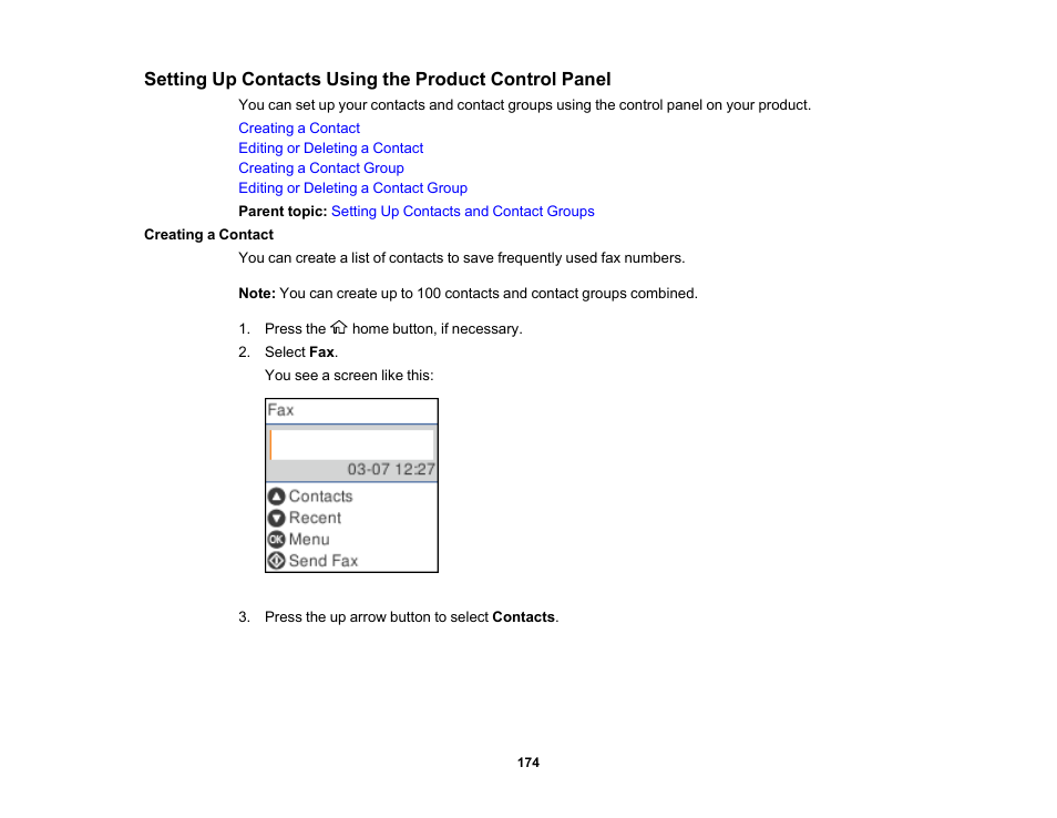 Creating a contact | Epson WorkForce WF-2930 Wireless All-in-One Color Inkjet Printer User Manual | Page 174 / 327