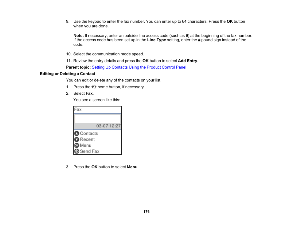 Editing or deleting a contact | Epson WorkForce WF-2930 Wireless All-in-One Color Inkjet Printer User Manual | Page 176 / 327