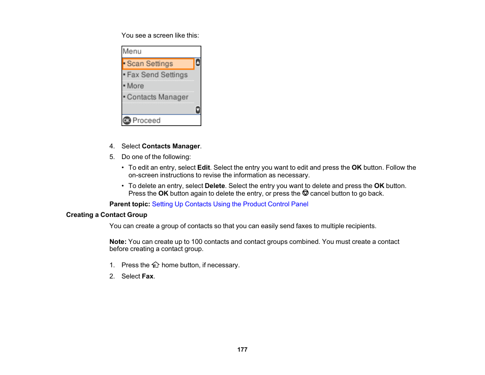 Creating a contact group | Epson WorkForce WF-2930 Wireless All-in-One Color Inkjet Printer User Manual | Page 177 / 327