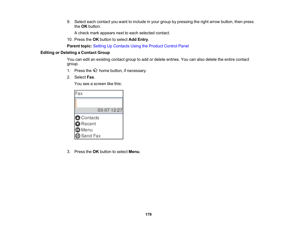 Editing or deleting a contact group | Epson WorkForce WF-2930 Wireless All-in-One Color Inkjet Printer User Manual | Page 179 / 327