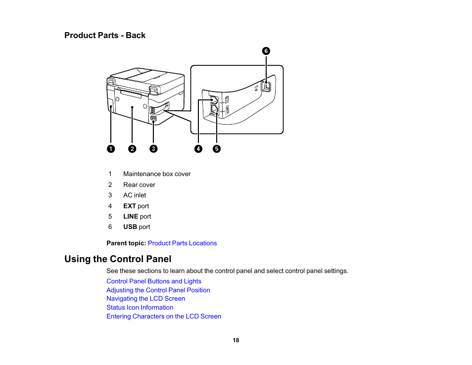 Product parts - back, Using the control panel | Epson WorkForce WF-2930 Wireless All-in-One Color Inkjet Printer User Manual | Page 18 / 327