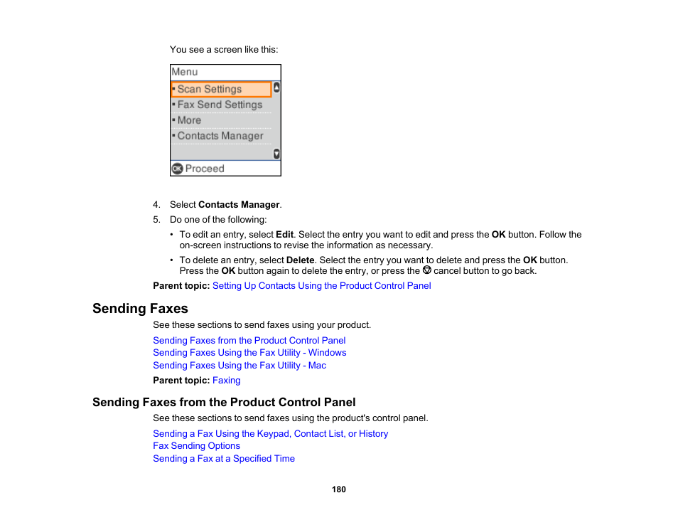 Sending faxes, Sending faxes from the product control panel | Epson WorkForce WF-2930 Wireless All-in-One Color Inkjet Printer User Manual | Page 180 / 327