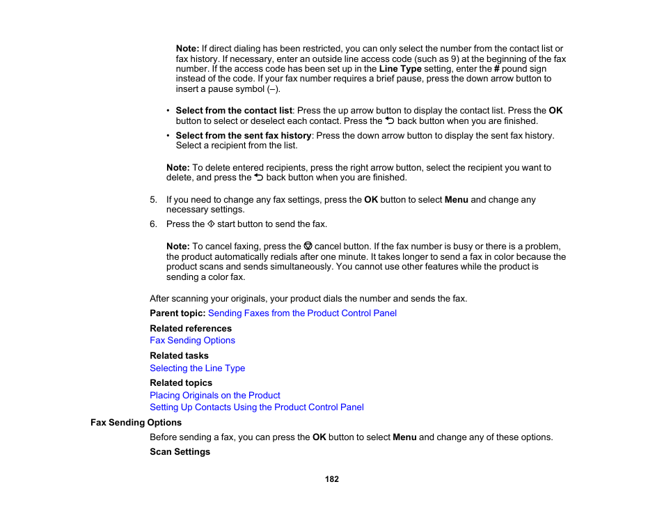 Fax sending options | Epson WorkForce WF-2930 Wireless All-in-One Color Inkjet Printer User Manual | Page 182 / 327