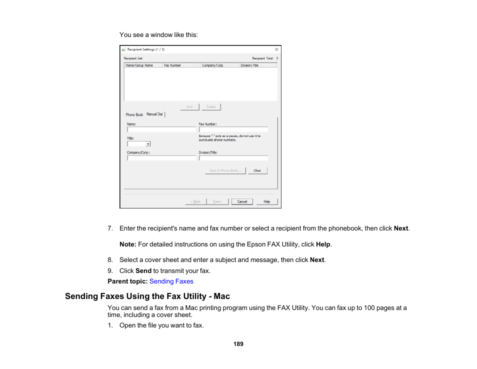 Sending faxes using the fax utility - mac | Epson WorkForce WF-2930 Wireless All-in-One Color Inkjet Printer User Manual | Page 189 / 327