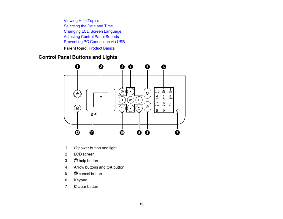 Control panel buttons and lights | Epson WorkForce WF-2930 Wireless All-in-One Color Inkjet Printer User Manual | Page 19 / 327
