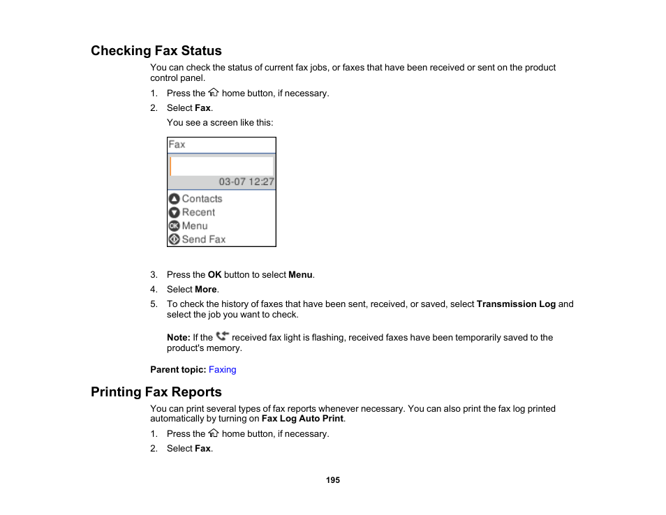 Checking fax status, Printing fax reports, Checking fax status printing fax reports | Epson WorkForce WF-2930 Wireless All-in-One Color Inkjet Printer User Manual | Page 195 / 327