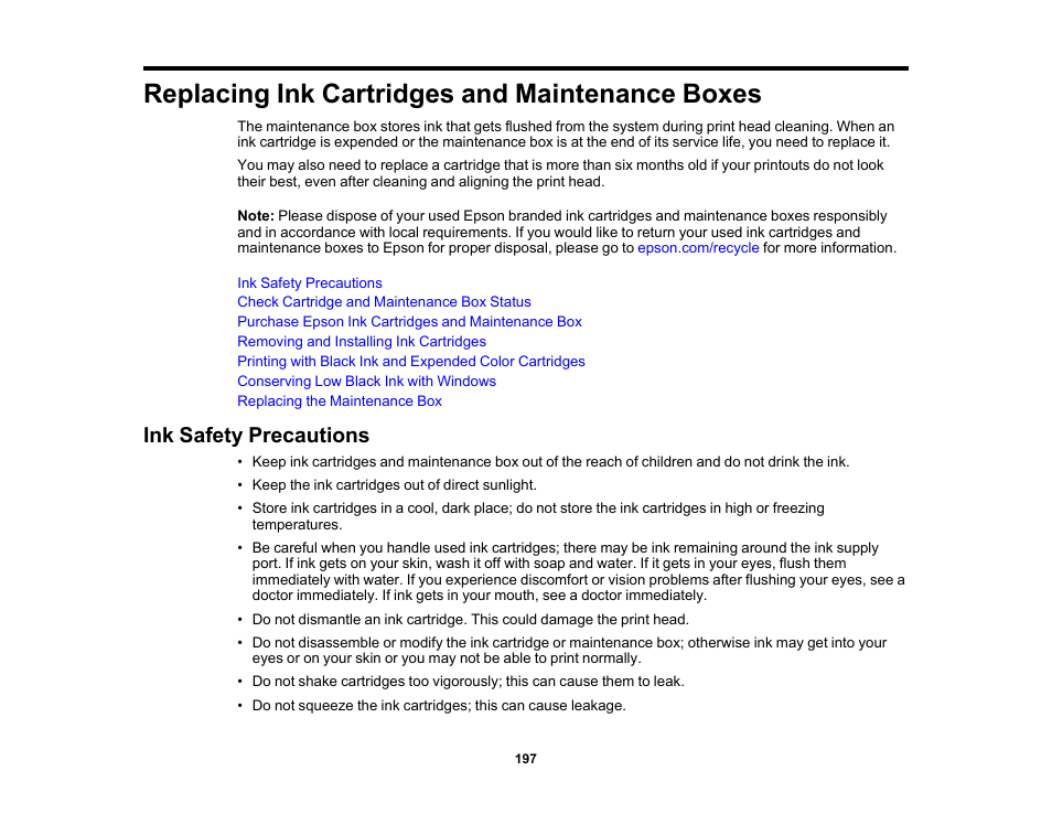 Replacing ink cartridges and maintenance boxes, Ink safety precautions | Epson WorkForce WF-2930 Wireless All-in-One Color Inkjet Printer User Manual | Page 197 / 327