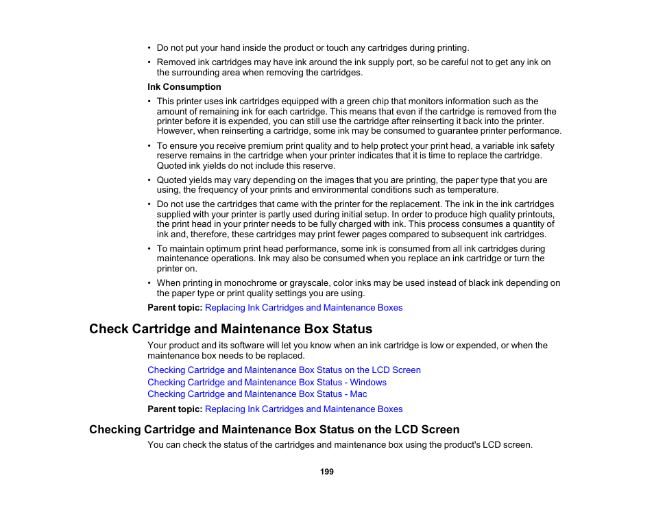 Check cartridge and maintenance box status | Epson WorkForce WF-2930 Wireless All-in-One Color Inkjet Printer User Manual | Page 199 / 327