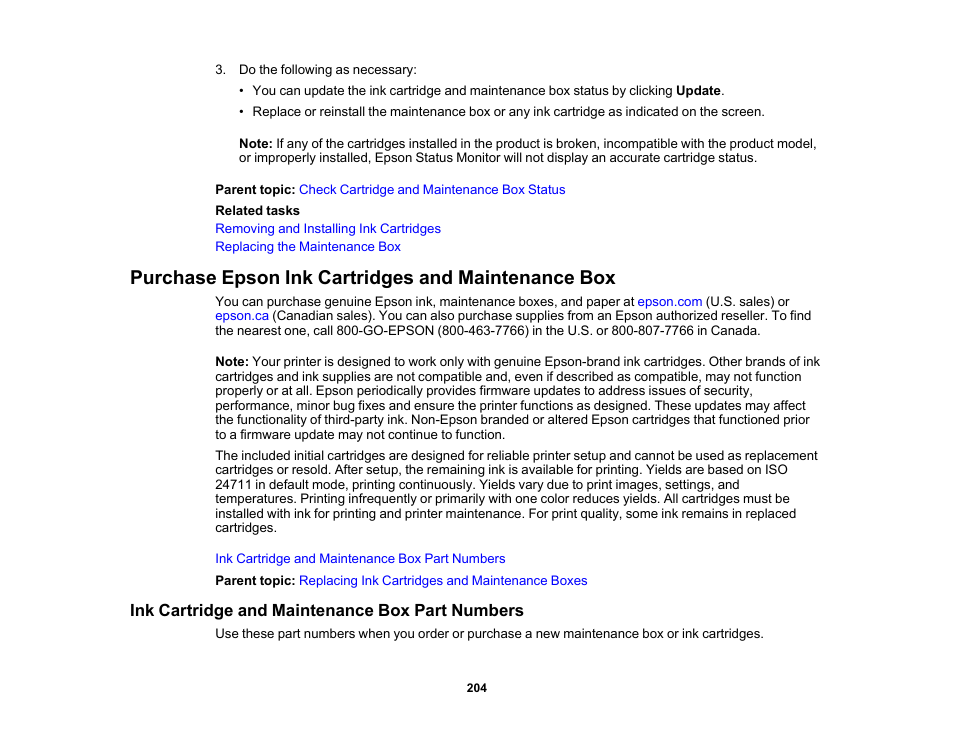 Purchase epson ink cartridges and maintenance box, Ink cartridge and maintenance box part numbers | Epson WorkForce WF-2930 Wireless All-in-One Color Inkjet Printer User Manual | Page 204 / 327