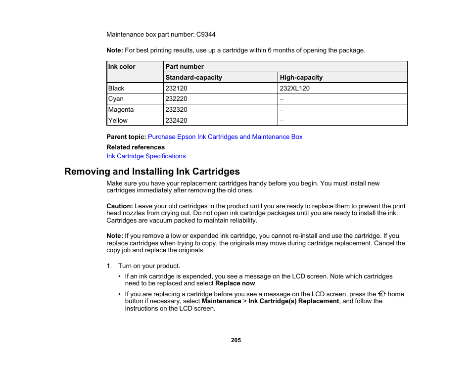 Removing and installing ink cartridges | Epson WorkForce WF-2930 Wireless All-in-One Color Inkjet Printer User Manual | Page 205 / 327