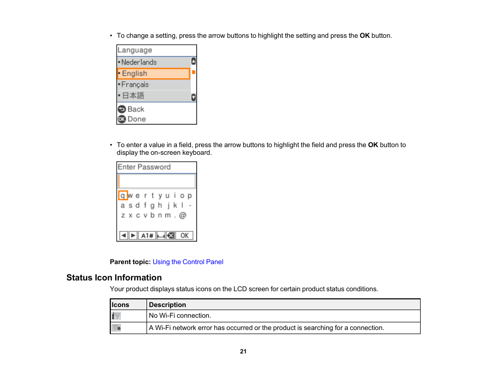Status icon information | Epson WorkForce WF-2930 Wireless All-in-One Color Inkjet Printer User Manual | Page 21 / 327