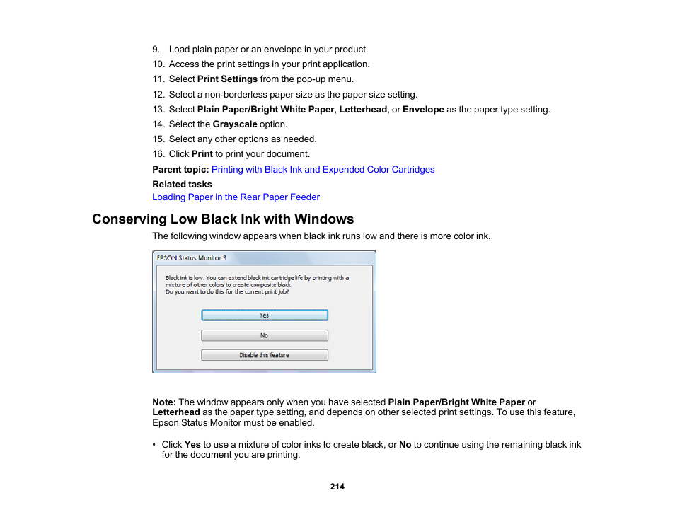 Conserving low black ink with windows | Epson WorkForce WF-2930 Wireless All-in-One Color Inkjet Printer User Manual | Page 214 / 327