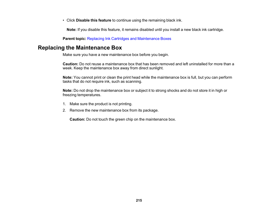 Replacing the maintenance box | Epson WorkForce WF-2930 Wireless All-in-One Color Inkjet Printer User Manual | Page 215 / 327