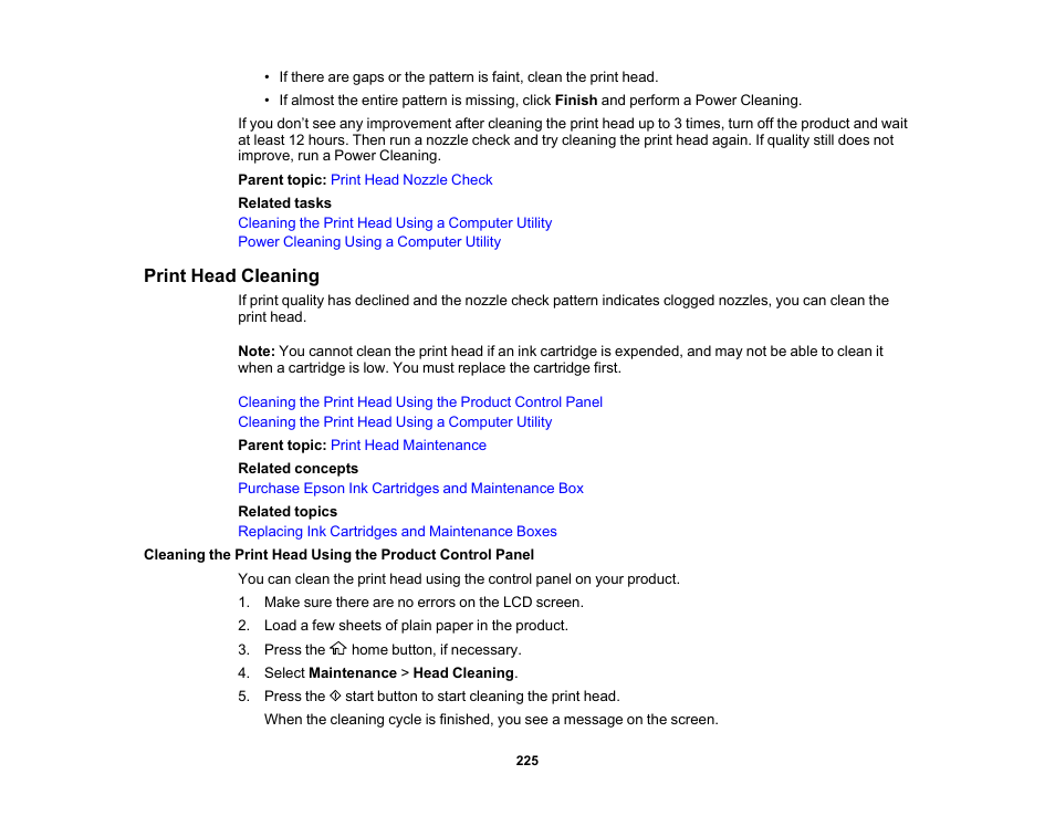 Print head cleaning | Epson WorkForce WF-2930 Wireless All-in-One Color Inkjet Printer User Manual | Page 225 / 327
