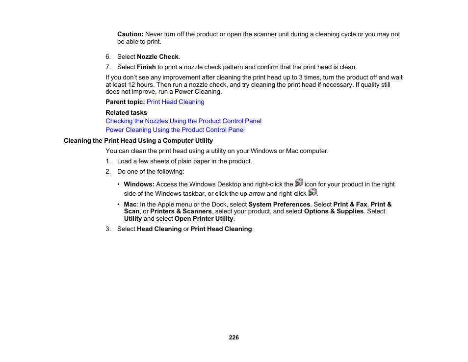 Cleaning the print head using a computer utility | Epson WorkForce WF-2930 Wireless All-in-One Color Inkjet Printer User Manual | Page 226 / 327