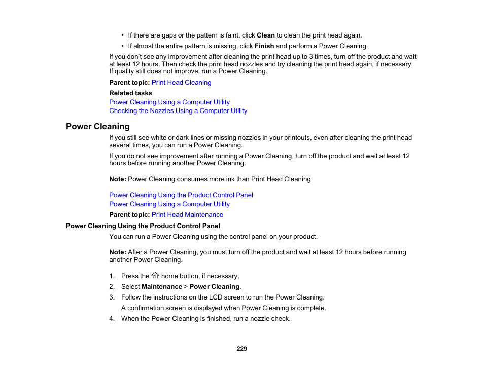 Power cleaning, Power cleaning using the product control panel | Epson WorkForce WF-2930 Wireless All-in-One Color Inkjet Printer User Manual | Page 229 / 327