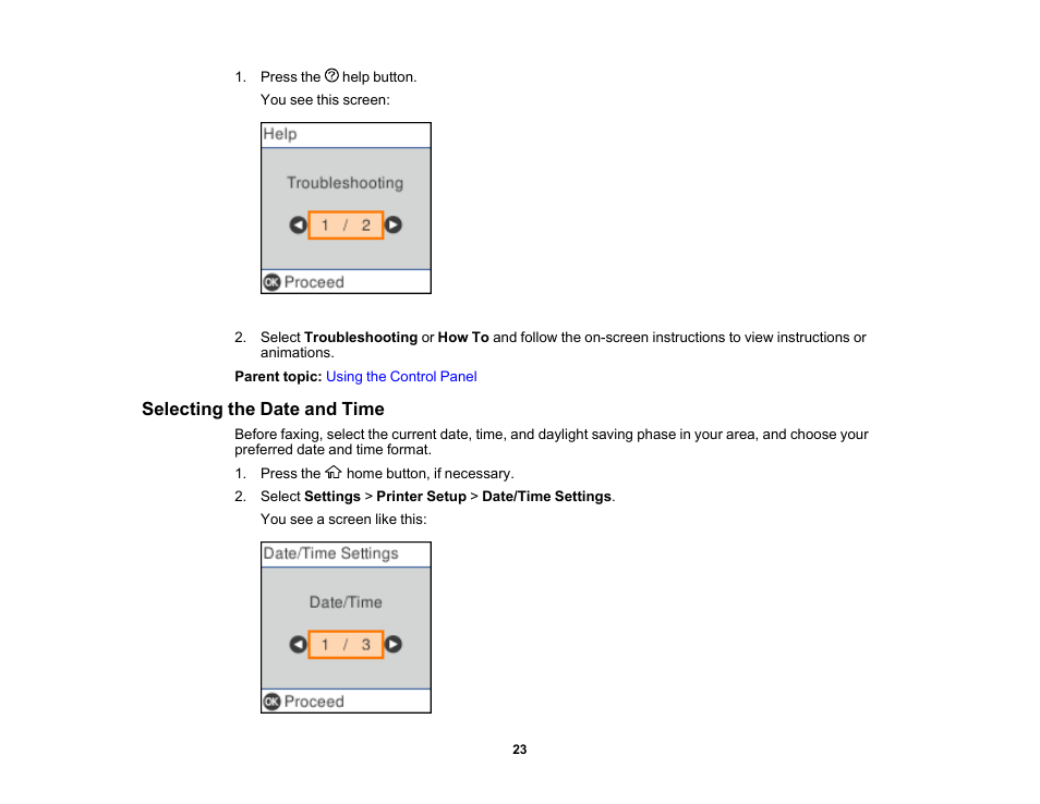 Selecting the date and time | Epson WorkForce WF-2930 Wireless All-in-One Color Inkjet Printer User Manual | Page 23 / 327