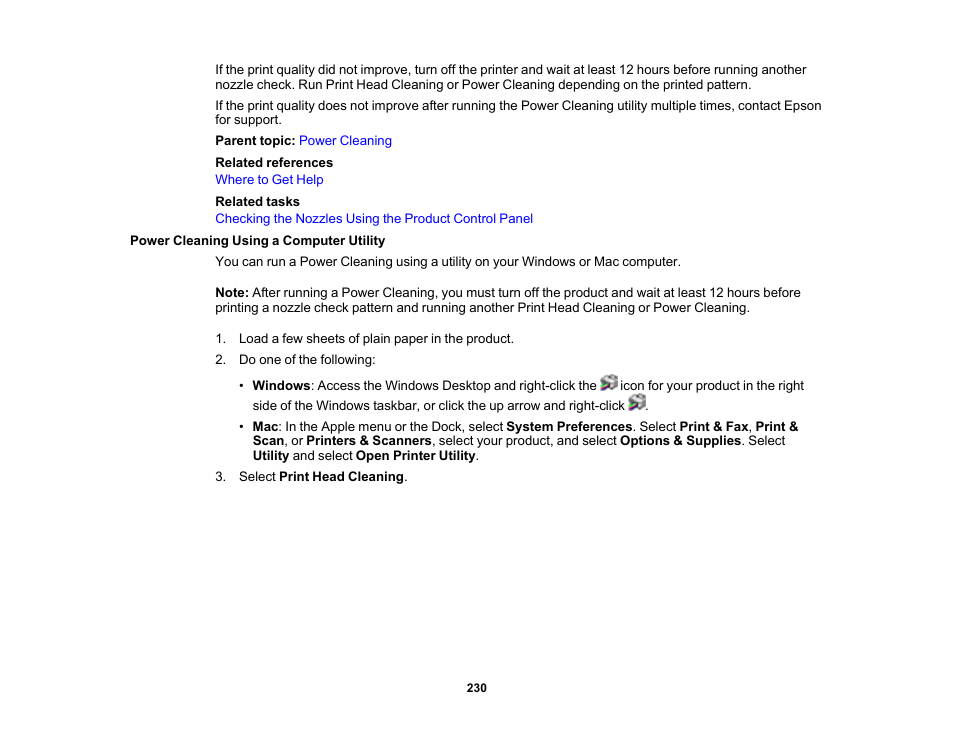 Power cleaning using a computer utility | Epson WorkForce WF-2930 Wireless All-in-One Color Inkjet Printer User Manual | Page 230 / 327