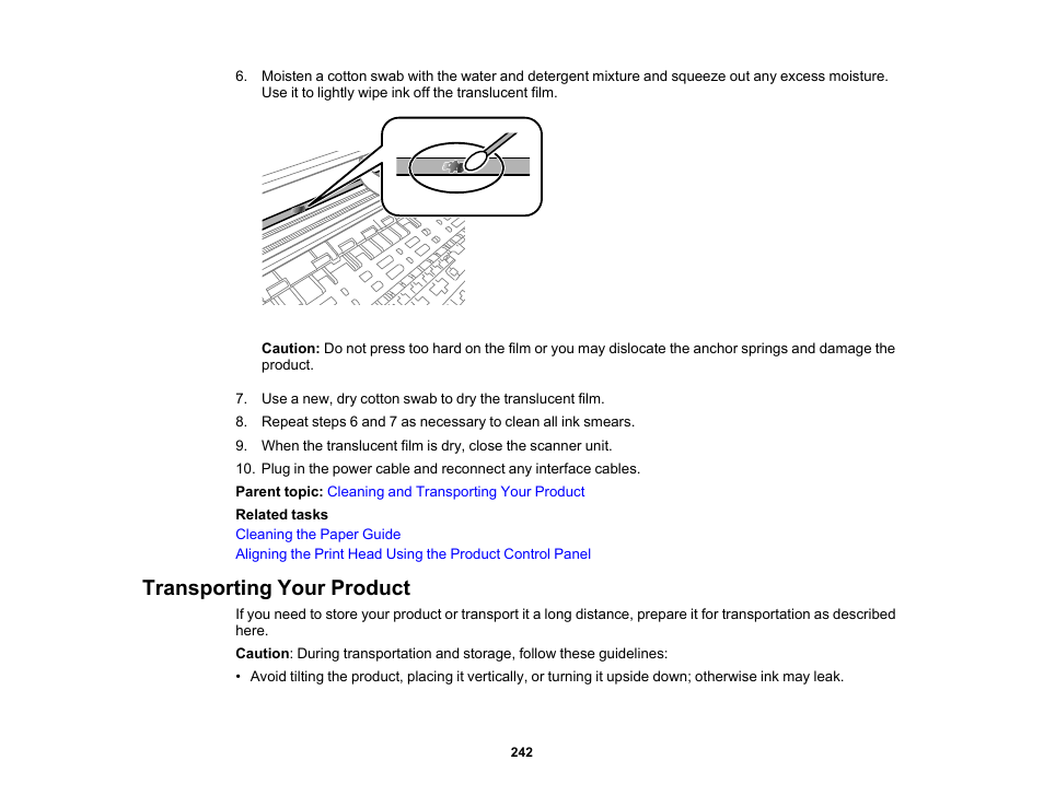 Transporting your product | Epson WorkForce WF-2930 Wireless All-in-One Color Inkjet Printer User Manual | Page 242 / 327
