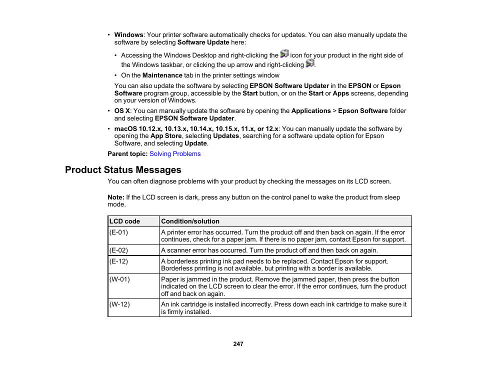 Product status messages | Epson WorkForce WF-2930 Wireless All-in-One Color Inkjet Printer User Manual | Page 247 / 327