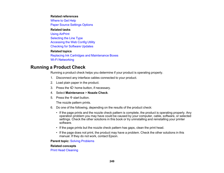 Running a product check | Epson WorkForce WF-2930 Wireless All-in-One Color Inkjet Printer User Manual | Page 249 / 327