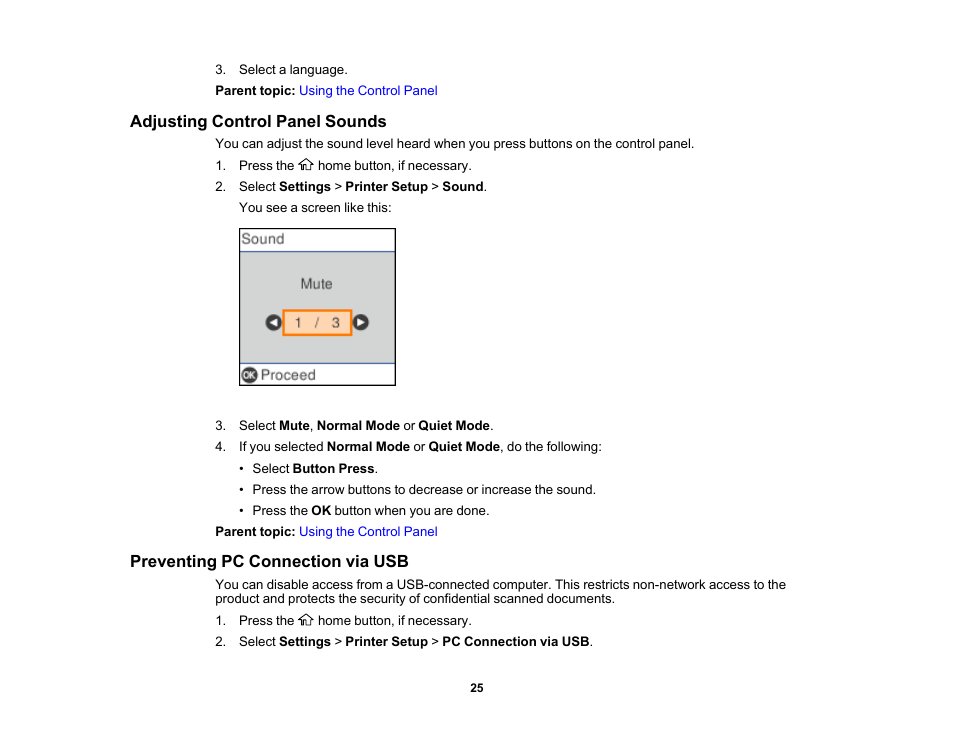 Adjusting control panel sounds, Preventing pc connection via usb | Epson WorkForce WF-2930 Wireless All-in-One Color Inkjet Printer User Manual | Page 25 / 327