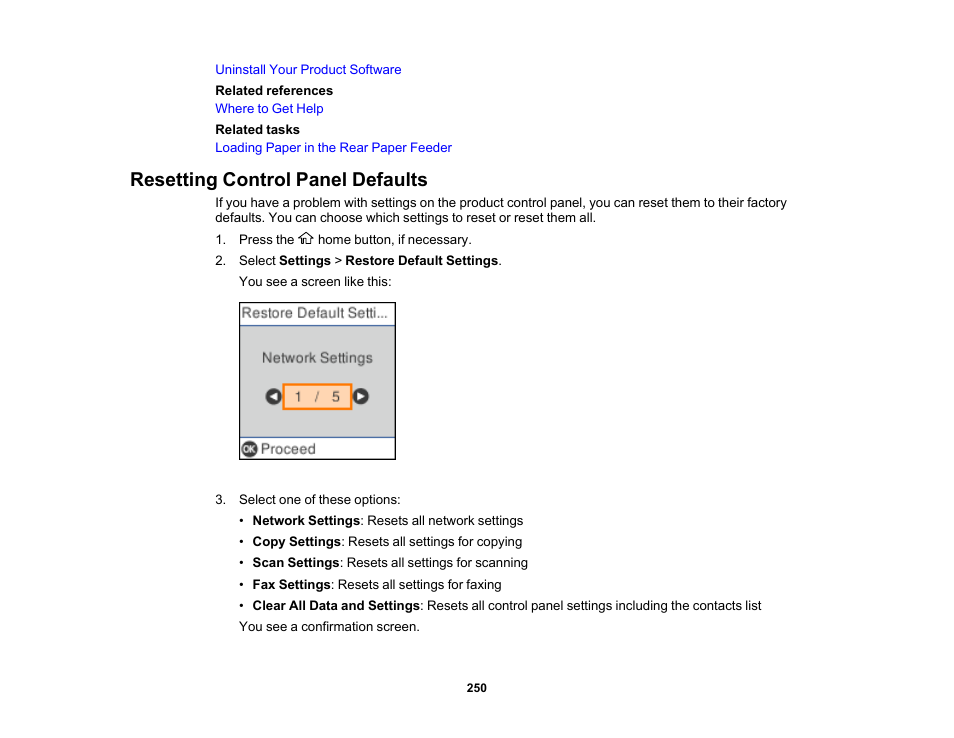 Resetting control panel defaults | Epson WorkForce WF-2930 Wireless All-in-One Color Inkjet Printer User Manual | Page 250 / 327