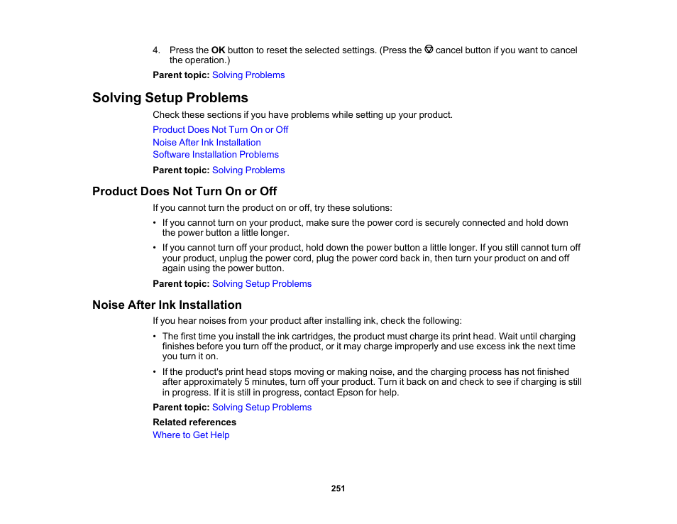 Solving setup problems, Product does not turn on or off, Noise after ink installation | Epson WorkForce WF-2930 Wireless All-in-One Color Inkjet Printer User Manual | Page 251 / 327