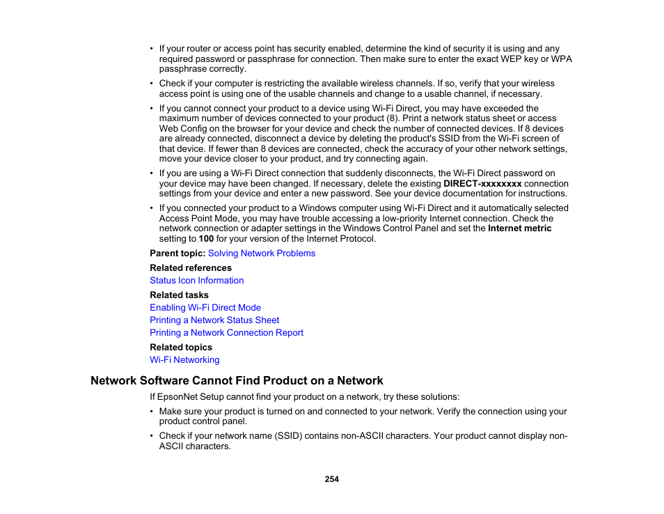 Network software cannot find product on a network | Epson WorkForce WF-2930 Wireless All-in-One Color Inkjet Printer User Manual | Page 254 / 327