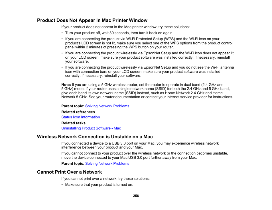 Product does not appear in mac printer window, Wireless network connection is unstable on a mac, Cannot print over a network | Epson WorkForce WF-2930 Wireless All-in-One Color Inkjet Printer User Manual | Page 256 / 327
